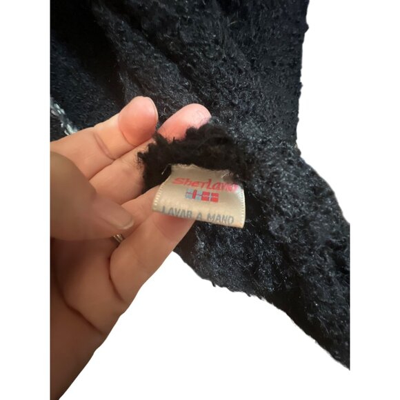 Shetland Wool Black & Gray Button-Up Cardigan Sweater With Zigzag Pattern - Picture 4 of 7